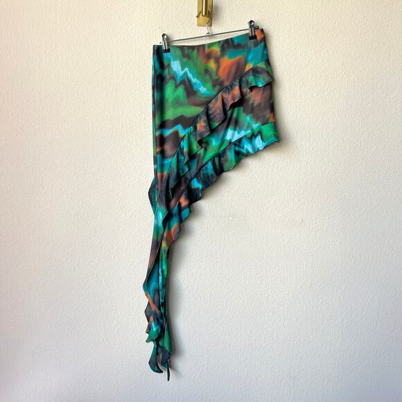 AFRM Harra Cascading Ruffle Mesh Mini Skirt in Water Wave Size M - Picture 2 of 6